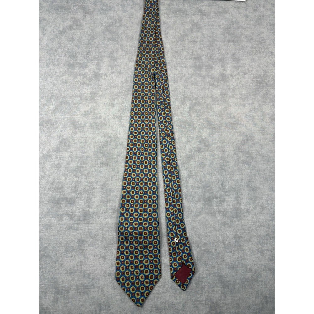 Vintage Made in England Silk Tie Blue Red Geometric Medallion Necktie 58"